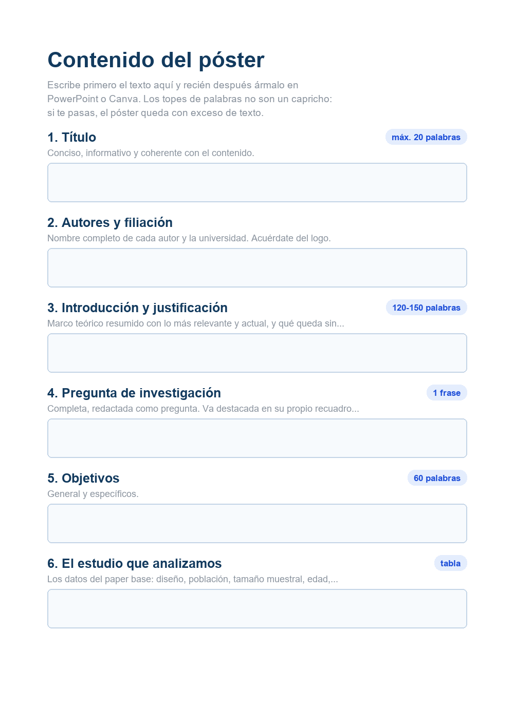 Vista previa del documento Word para redactar el contenido del póster, con un recuadro por apartado y su tope de palabras